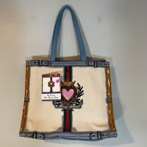 Brighton In Love We Trust Tote Tom Clancy Art Canvas Bag Cream Blue D30182 NWT